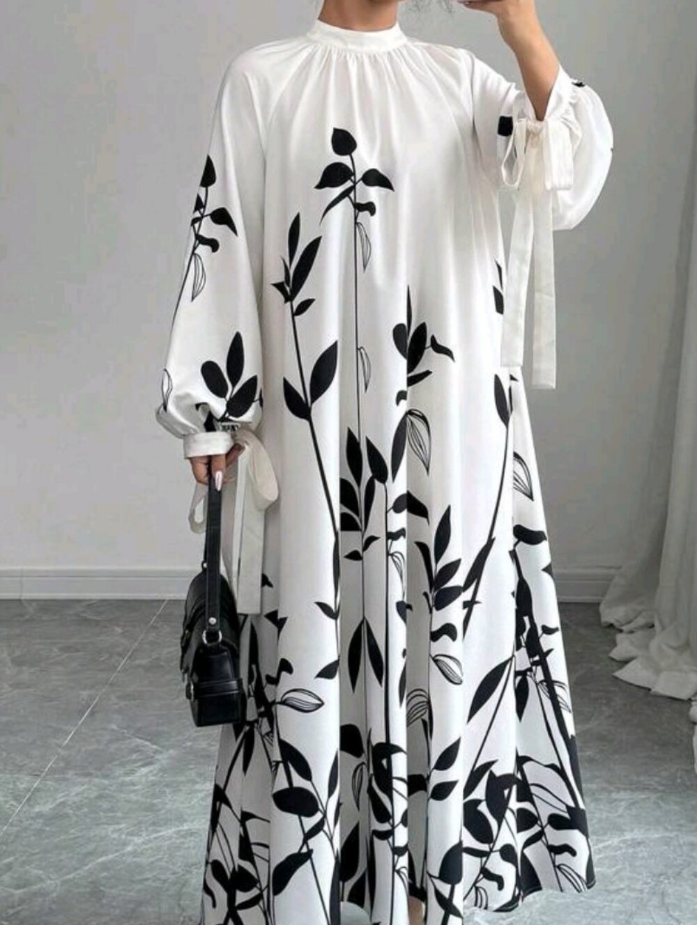 White Maxi Dress with Black Botanical Print